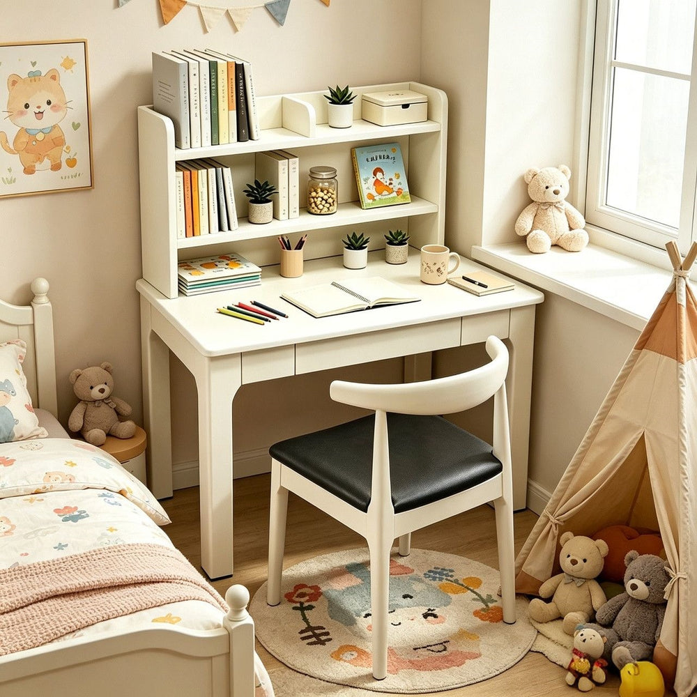 Nordic solid wood computer desk with integrated bookshelf - student study table for home, bedroom, bedside, and minimalist office use