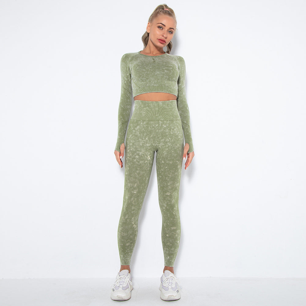 European and american new seamless washed smiley face yoga set - activewear long sleeve top and butt-lifting yoga pants two-piece set