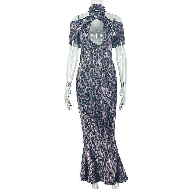 Fashion style cross-border silm color matching women's clothing retro socialite hip skirt chest wrap banquet high collar elegant long dress
