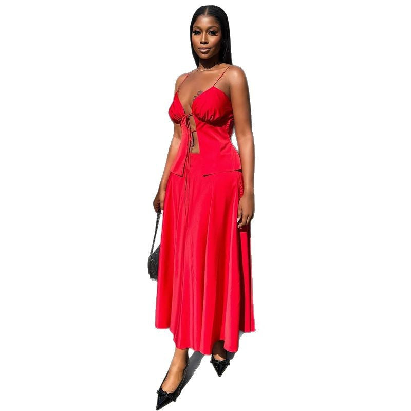 European and american cross-border women's fashion:  summer new arrivals - sexy strappy cami top and high-waisted midi skirt set