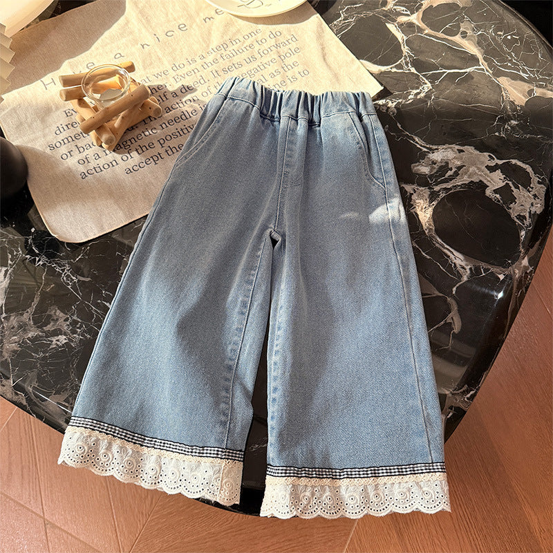 Spring new korean style girls' lace denim jeans - trendy, casual, and stylish kids' fashion pants for baby girls