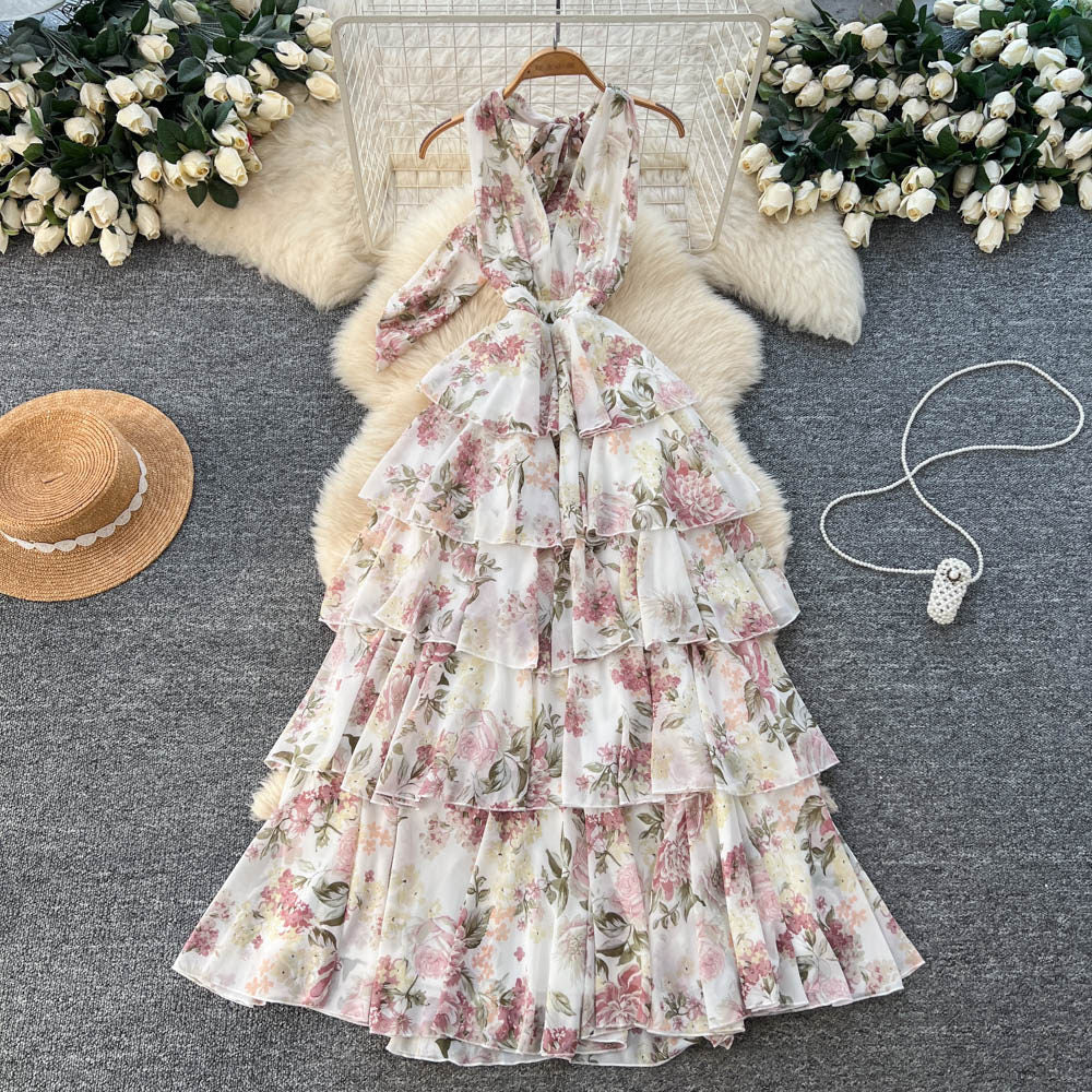 Romantic holiday floral halter dress - women's summer sleeveless tie-waist, figure-flattering, ruffle hem maxi dress