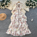Romantic holiday floral halter dress - women's summer sleeveless tie-waist, figure-flattering, ruffle hem maxi dress