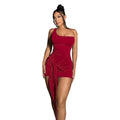 Amazon cross-border women's fashion:  spring/summer new arrivals - sexy socialite red dress, one-shoulder strap, slim-fit mini dress