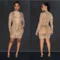 C6852 cross-border   fashion women's solid color mesh rhinestone long sleeve mini dress