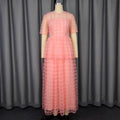 pink stereo rose mesh dress short-sleeved see-through waist evening elegant cake skirt dress
