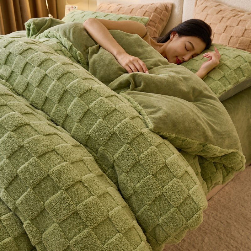 Solid color Tafu fleece four-piece winter thickened milk fleece quilt cover Nantong fleece bedding coral fleece sheets