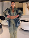 European and american cross-border women's fashion:  women's denim outfit - streetwear tie-dye long sleeve top and fringe denim jeans set