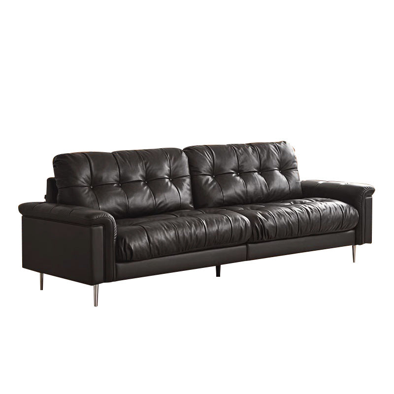 Retro black leather sofa, medieval style living room, small apartment, down designer straight row three-slot nebula sofa