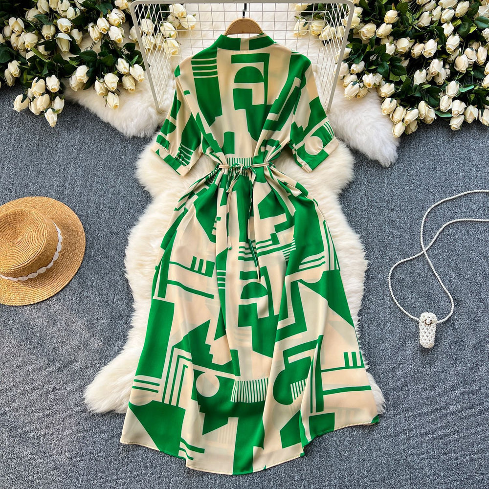Niche stylesense of designprintingdressfemalenew arrivalsummer tie backwaist slimming lookmedium longvacation skirt