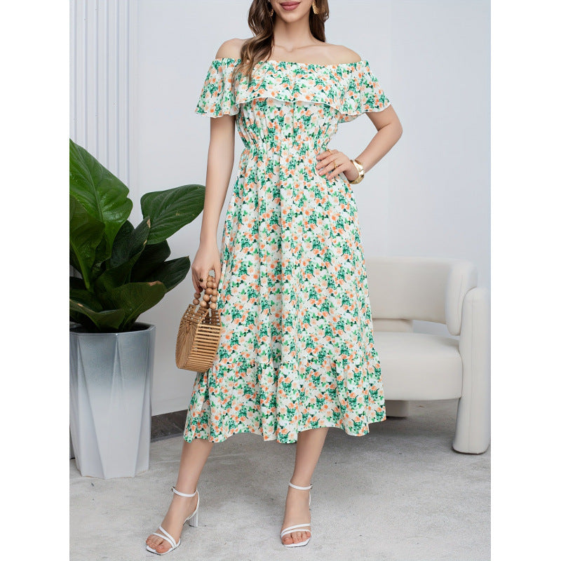 listing: new  women's original elegant ruffle off-the-shoulder printed dress
