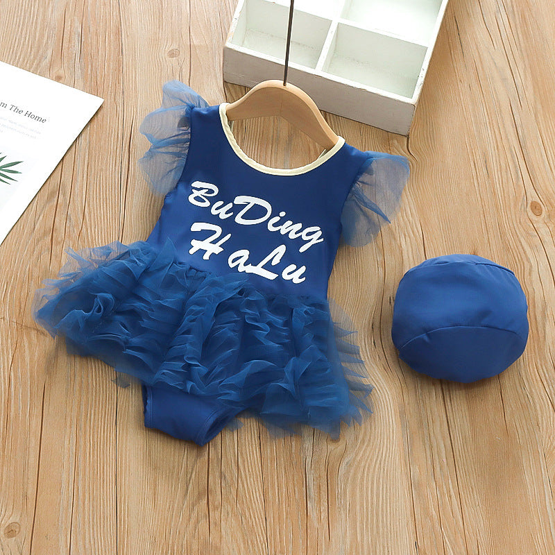 Korean-style ins baby girl swimsuit - cute puffy one-piece mesh swimwear for toddlers and young girls