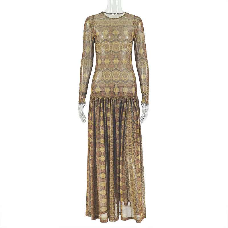 European and american style ins retro elegant women's slimming a-line dress with printed round neck and long sleeves