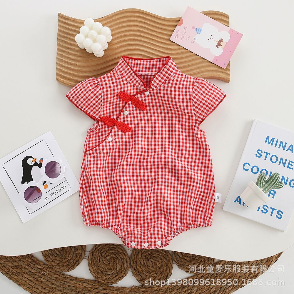 Newborn baby summer lightweight chic breathable outfit - baby girl's triangular cheongsam style flutter sleeve romper bodysuit