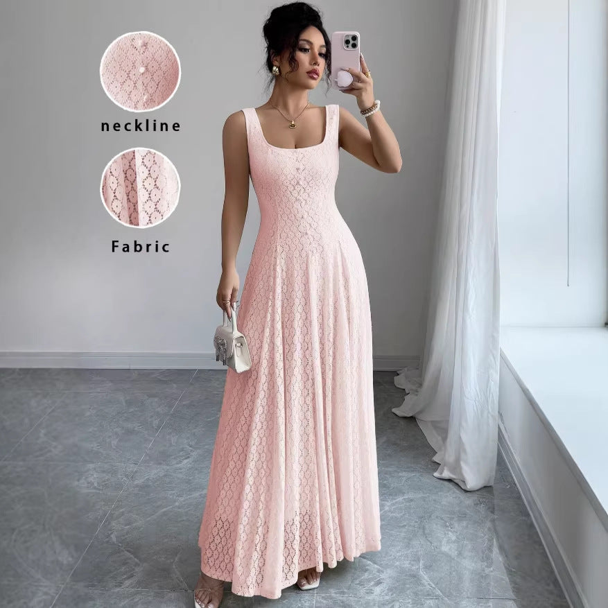 Pink u-neck sleeveless tank dress - women's summer slim fit lace a-line maxi dress with a chic, edgy design