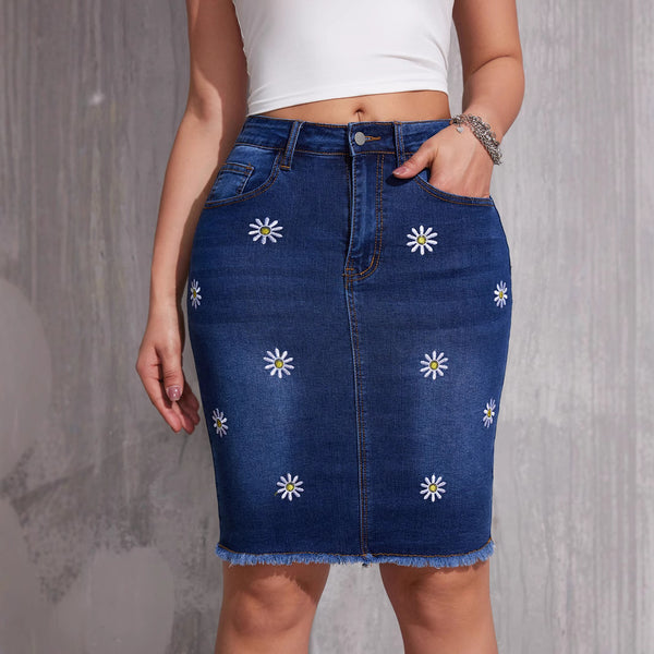 Cross-border High Waist Hip Wrap Denim Skirt Skinny Elastic Skinny Medium and Long Flower One-Step Hip Wrap Skirt