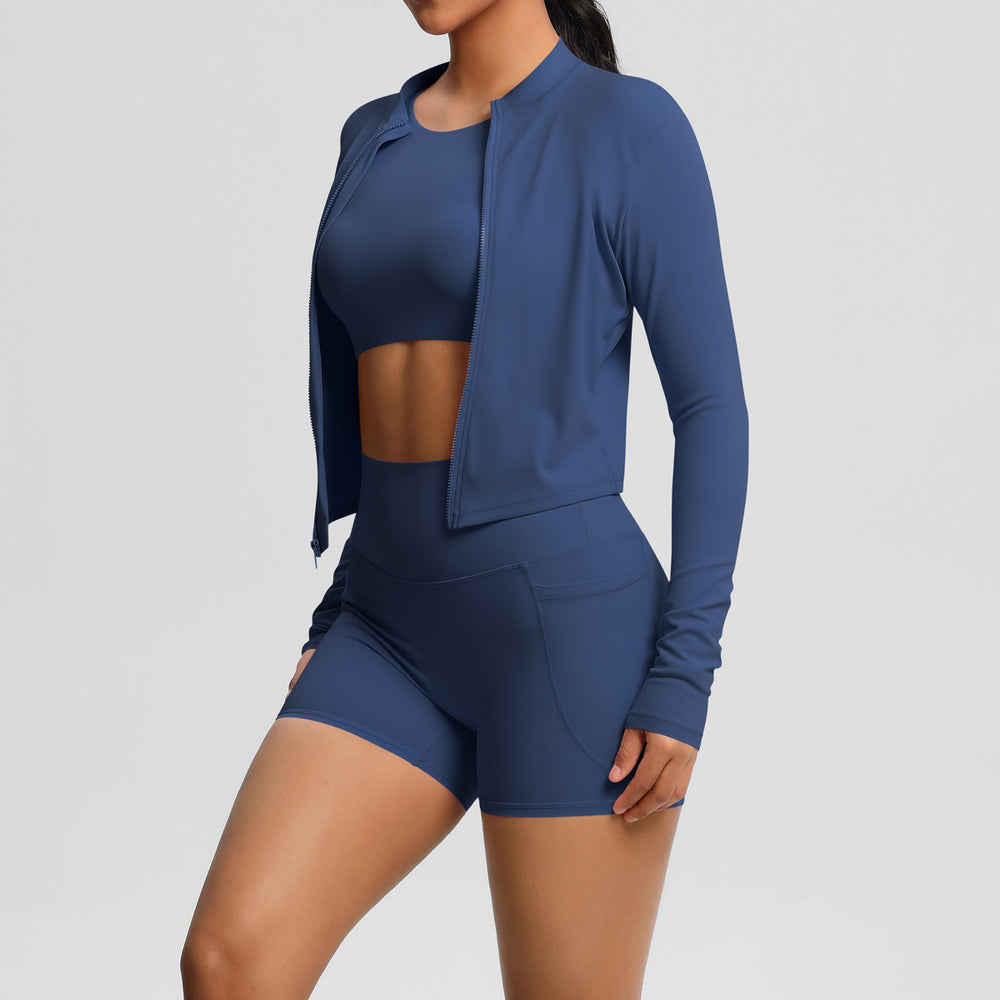 cloud-feel brushed short-sleeved sports zipper outwearflap pocket pants shorts hip-lifting fitness yoga wear three-piece set