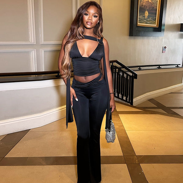 European and American style  casual sports women's clothing exposed navel sexy solid color pants set V-neck top slim trousers set