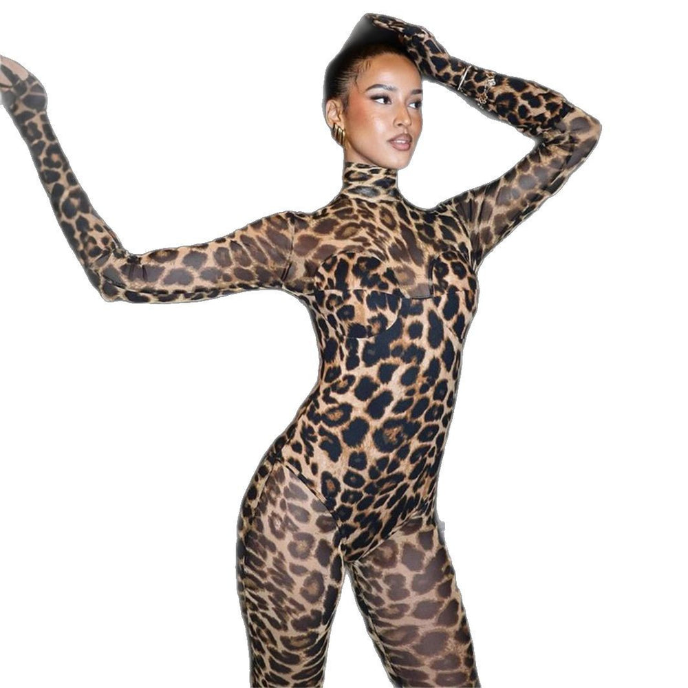 European and american cross-border women's spring  new leopard print mesh long sleeve stand collar bodycon sexy long jumpsuit