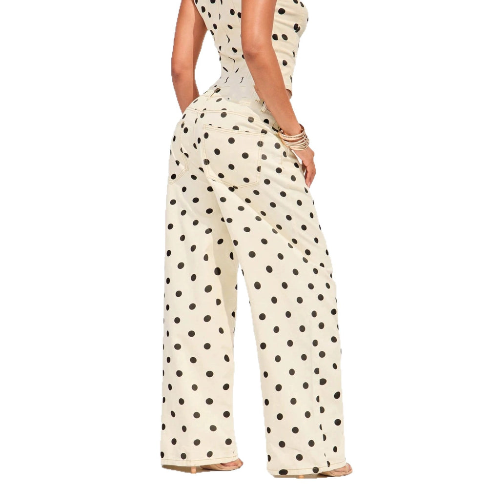 Women's off-white polka dot print high-waisted wide-leg denim pants - hot girl style casual trousers - new  collection