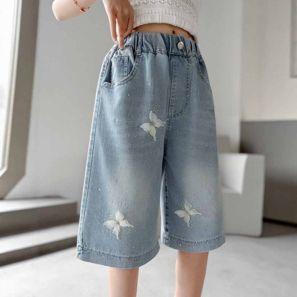 Girl hot diamond denim mid-pants summer style pants kids middle-aged and big kids shorts easiest for matchsummer thin half length pants