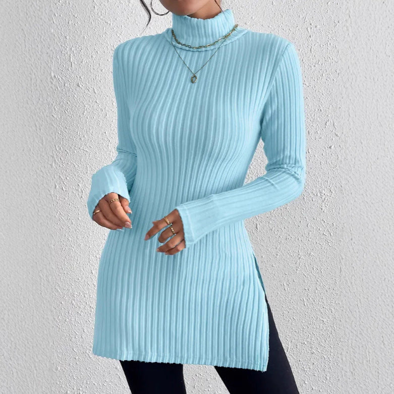 European and American  new women's turtleneck jumper, split-ended slim-fit bottoming shirt, pit striped medium and long top T-shirt