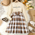 Export kids skirt k-stylelong sleevesfake two-pieceletterprintingpatchwork skirtplaid skirtspringgirldress