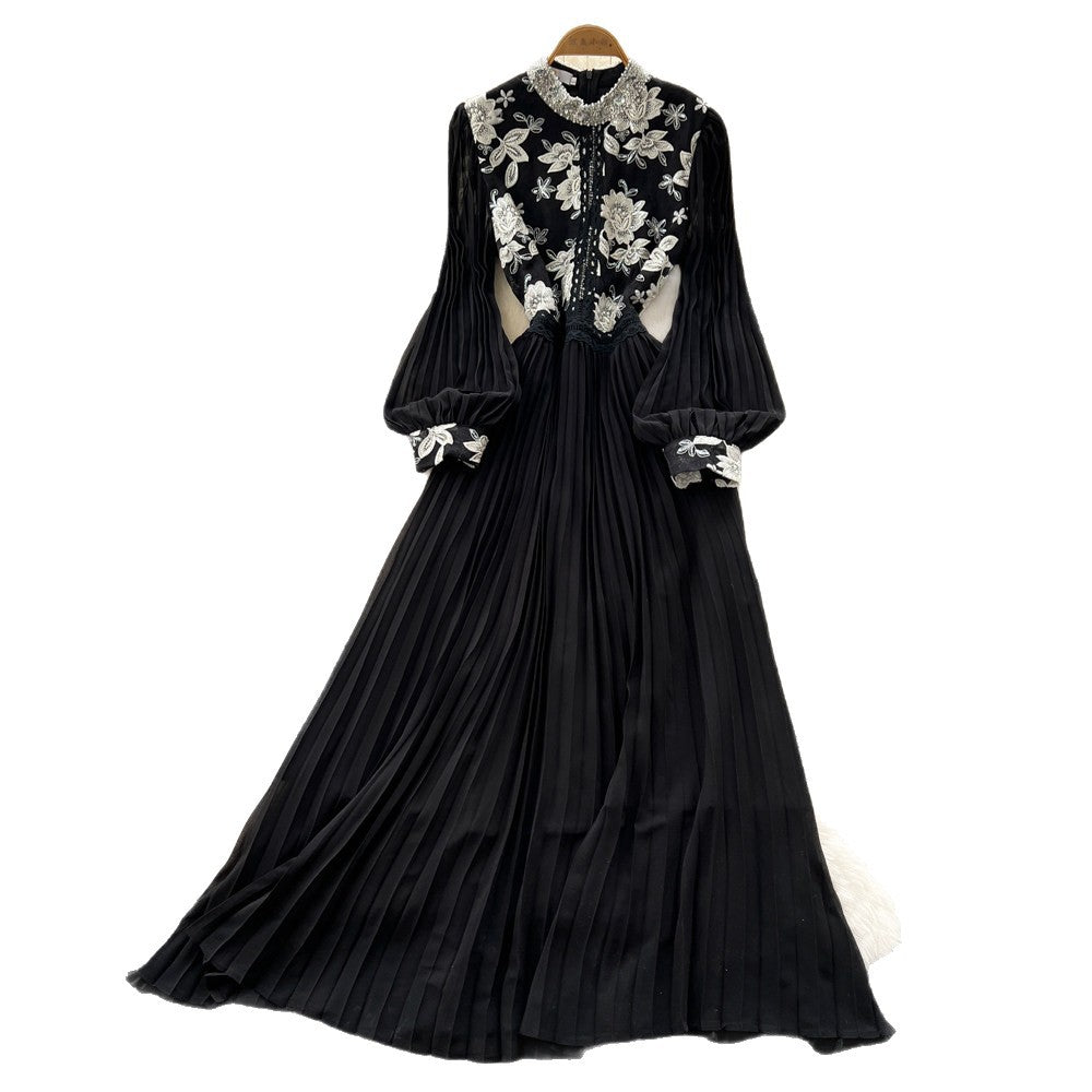 Lady style lantern sleeve sequinlacedress women's summer white stand collar waist pleated long skirt classy sense dress