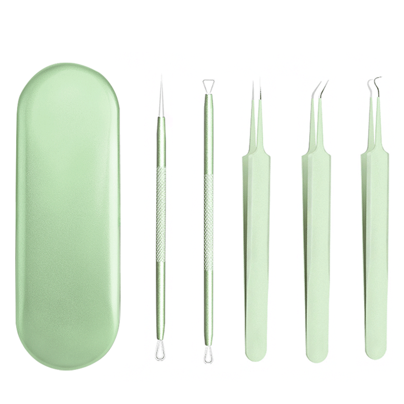 Stainless steel blackhead remover kit - 5 piece set for pimple, blackhead, whitehead, and cyst extraction - ready to ship