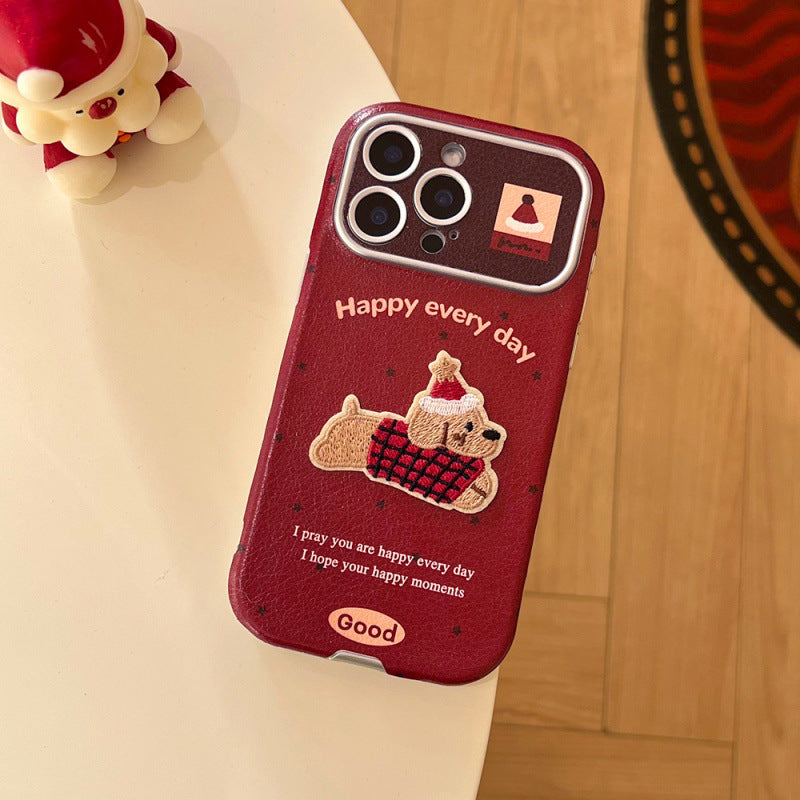 Red hat puppy compatible apple iphone 17 shockproof phone case, leather texture, large view window, iphone 16 pro max protective cover