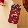 Red hat puppy compatible apple iphone 17 shockproof phone case, leather texture, large view window, iphone 16 pro max protective cover