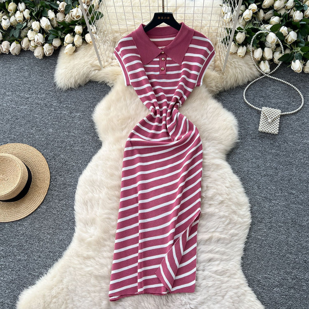 Korean chic summer dress: niche retro polo collar short sleeve striped midi dress - women's slim fit, elegant slit design