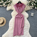 Korean chic summer dress: niche retro polo collar short sleeve striped midi dress - women's slim fit, elegant slit design