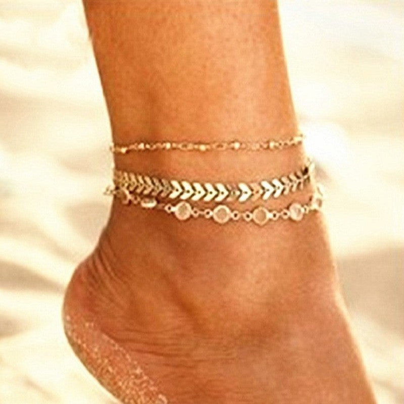 Wish european and american summer hot selling beach multi-layer zircon leaf figure eight pearl anklet sun moon star pattern jewelry