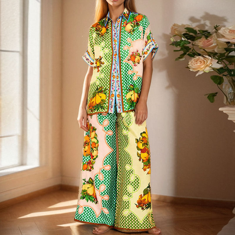 cross-border e-commerce european and american women's clothing: new summer collection - vacation-inspired color block fashion print shirt and wide-leg pants set