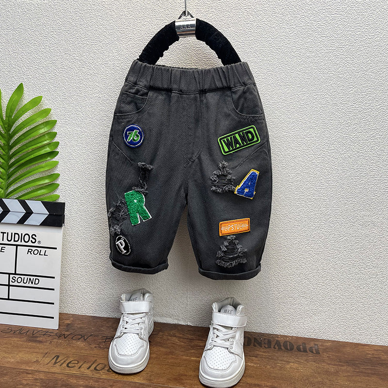Boys' denim shorts -  summer collection: distressed, patch-label, 5-inch length, trendy & edgy, popular online style with letter print