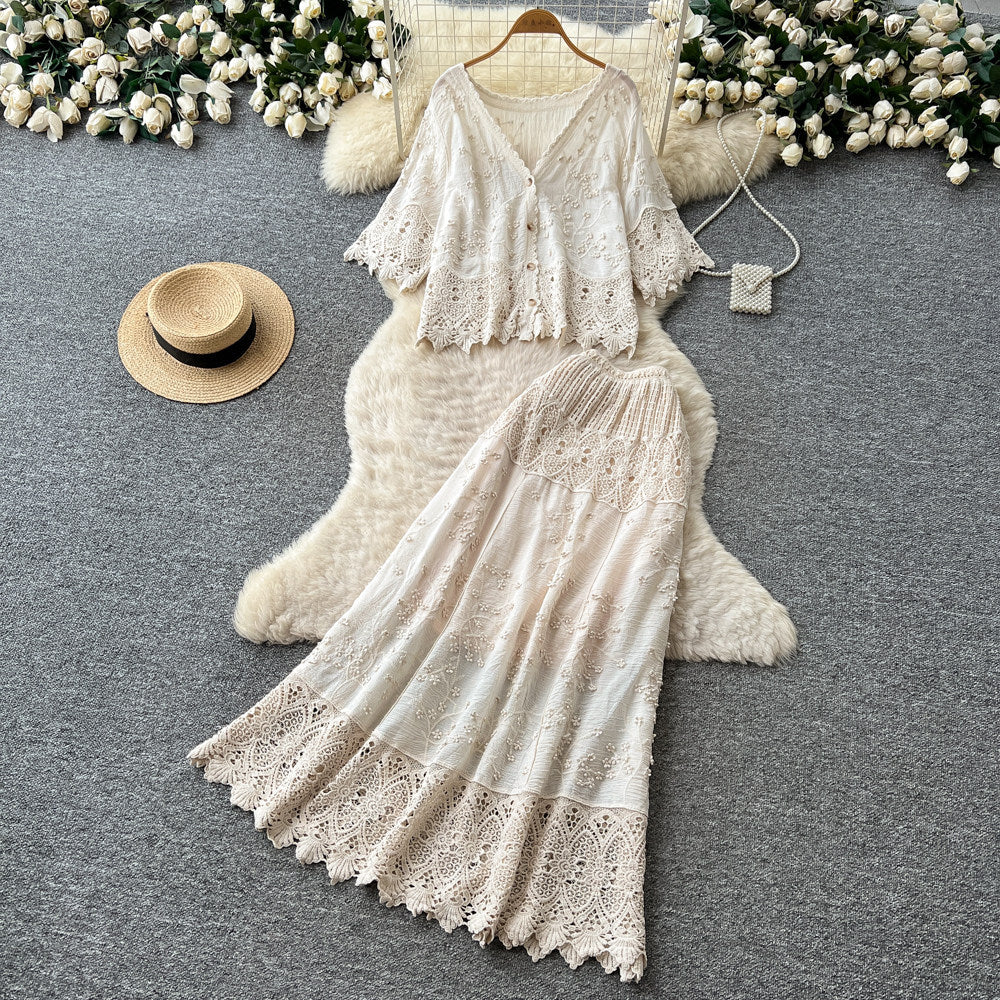 French riviera v-neck lace top & high-waisted midi skirt set - effortless summer chic