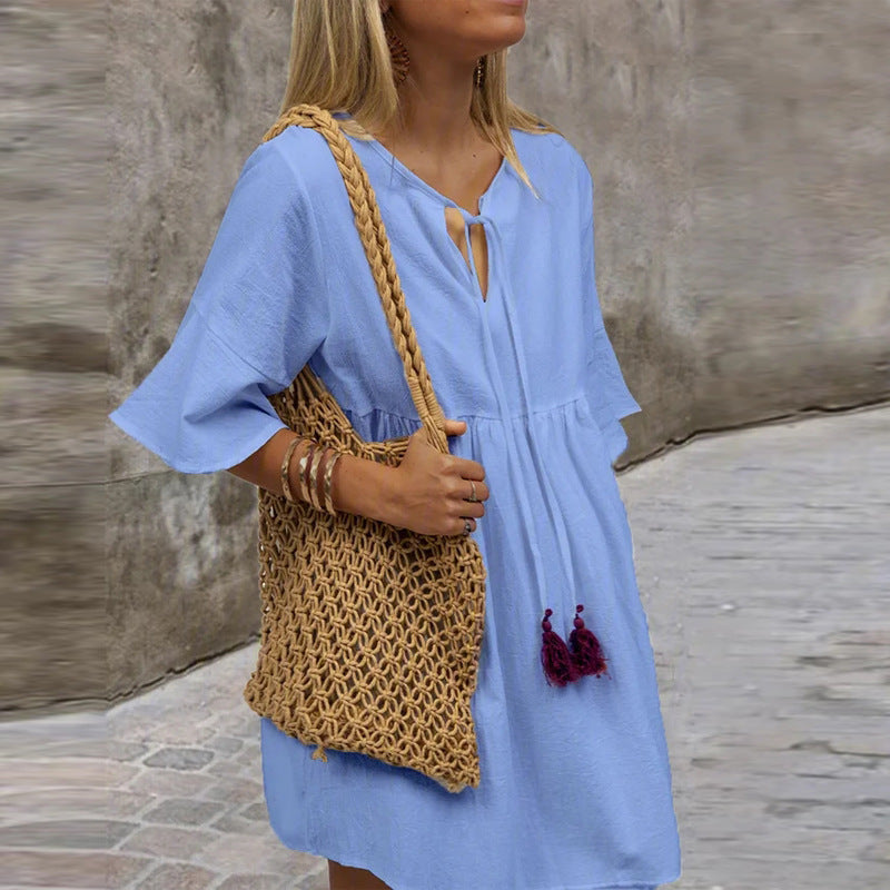 cross-border hot selling european and american v-neck tie-up loose minimalist short-sleeve dress - in stock