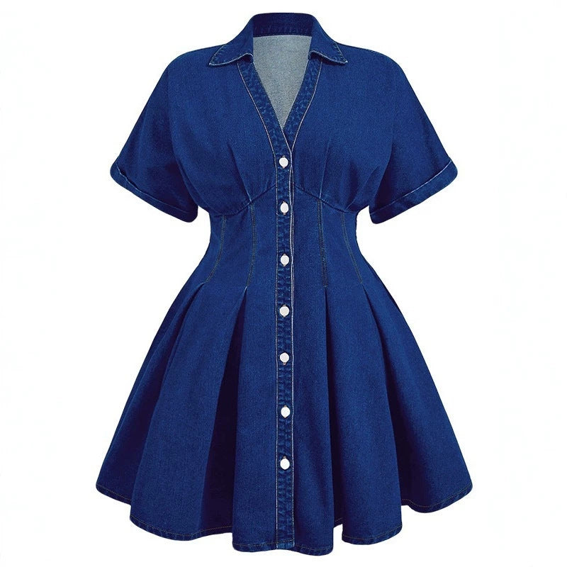 summereleganceelegantretrowork clothingfashiontrendy denim skirt waist v neck short sleeve women's dress