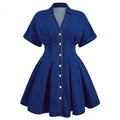 summereleganceelegantretrowork clothingfashiontrendy denim skirt waist v neck short sleeve women's dress