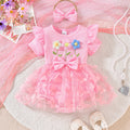 Baby girl cute three flowers stripespatchwork mesh one-piece jumpsuit dress