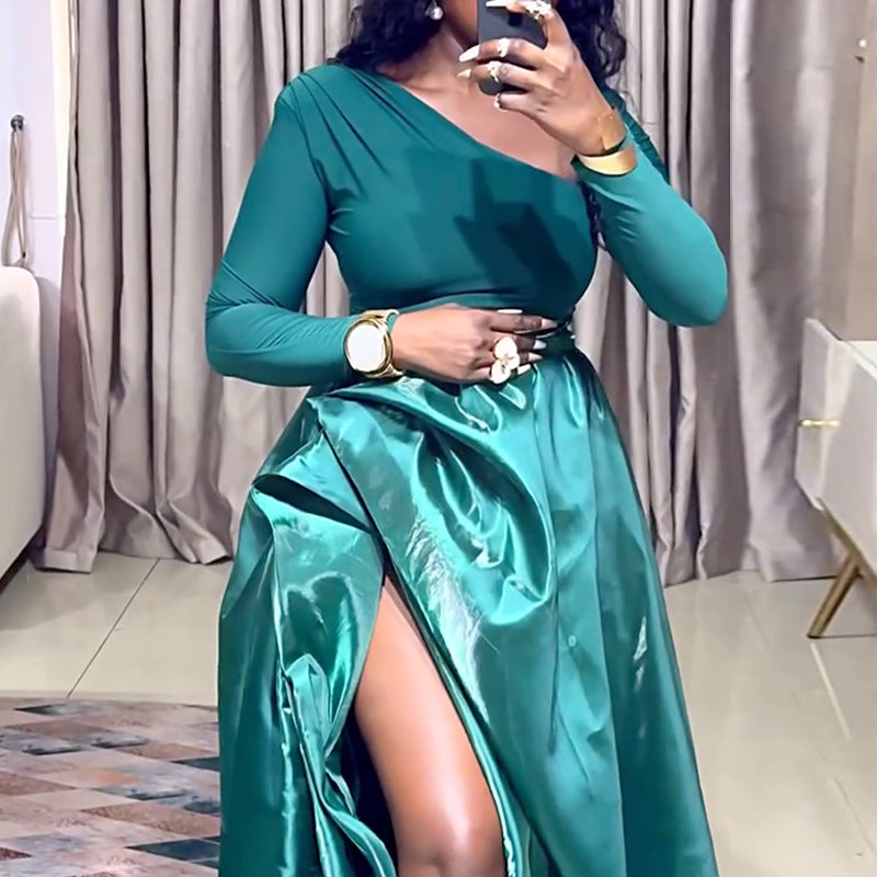European and american women's clothing  autumn new sweet and fresh asymmetrical neck long sleeve shirt and high-waisted irregular midi skirt two-piece set