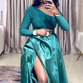 European and american women's clothing  autumn new sweet and fresh asymmetrical neck long sleeve shirt and high-waisted irregular midi skirt two-piece set