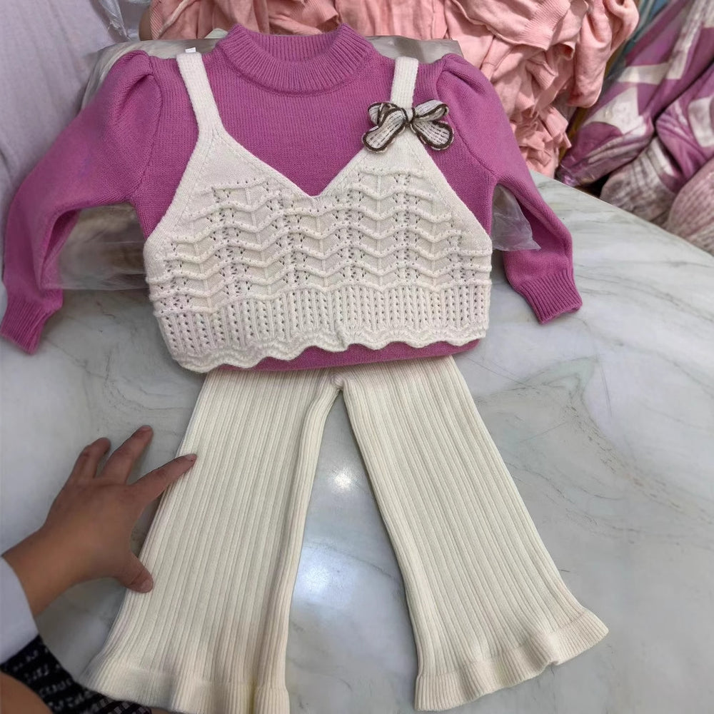 Girls' knitted sweater two-piece set -  autumn/winter new collection - bowknot cardigan and knit sweater outfit for little girls