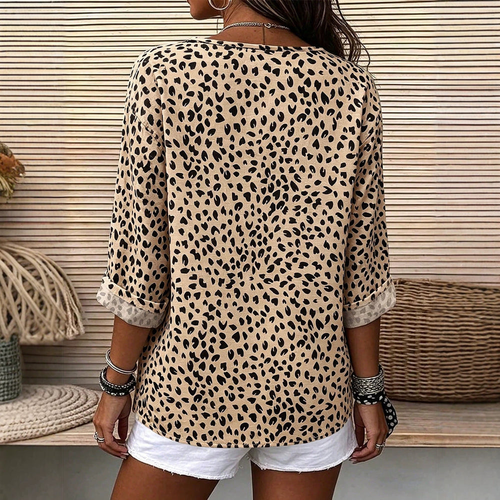 Casual khaki leopard print half placket shirt retro roll sleeves daily work clothingeasiest for match women's clothing 1688 supply