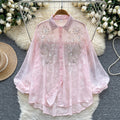 Luxury-inspired, heavily embellished beaded & sequined embroidered lantern sleeve blouse - women's summer lightweight, loose-fit outerwear long sleeve top