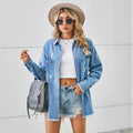 Ebay cross-border trade  independent station new washed distressed denim shirt long sleeve raw hem top for women