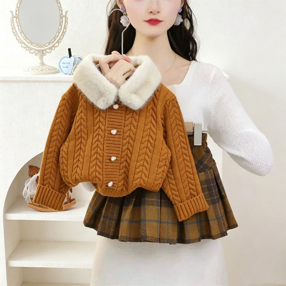 Girls' sweater set - new  winter collection: pink faux fur collar cardigan & wool blend plaid skirt two-piece set