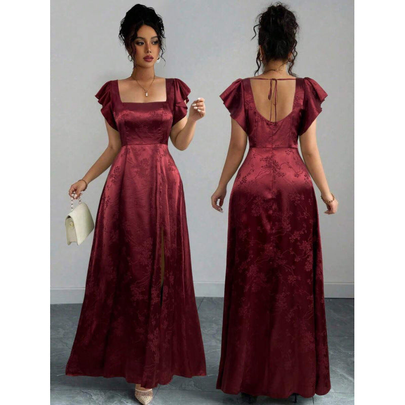 fashionsummernew arrival square collar ruffle sleeves waist slimming lookelegance jacquard slit dress for women