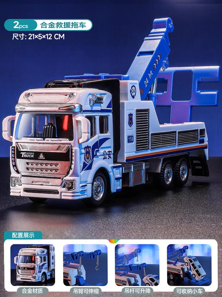 Kids' alloy toy car police car rescue truck large double-decker trailer car model for boys ages 3-6